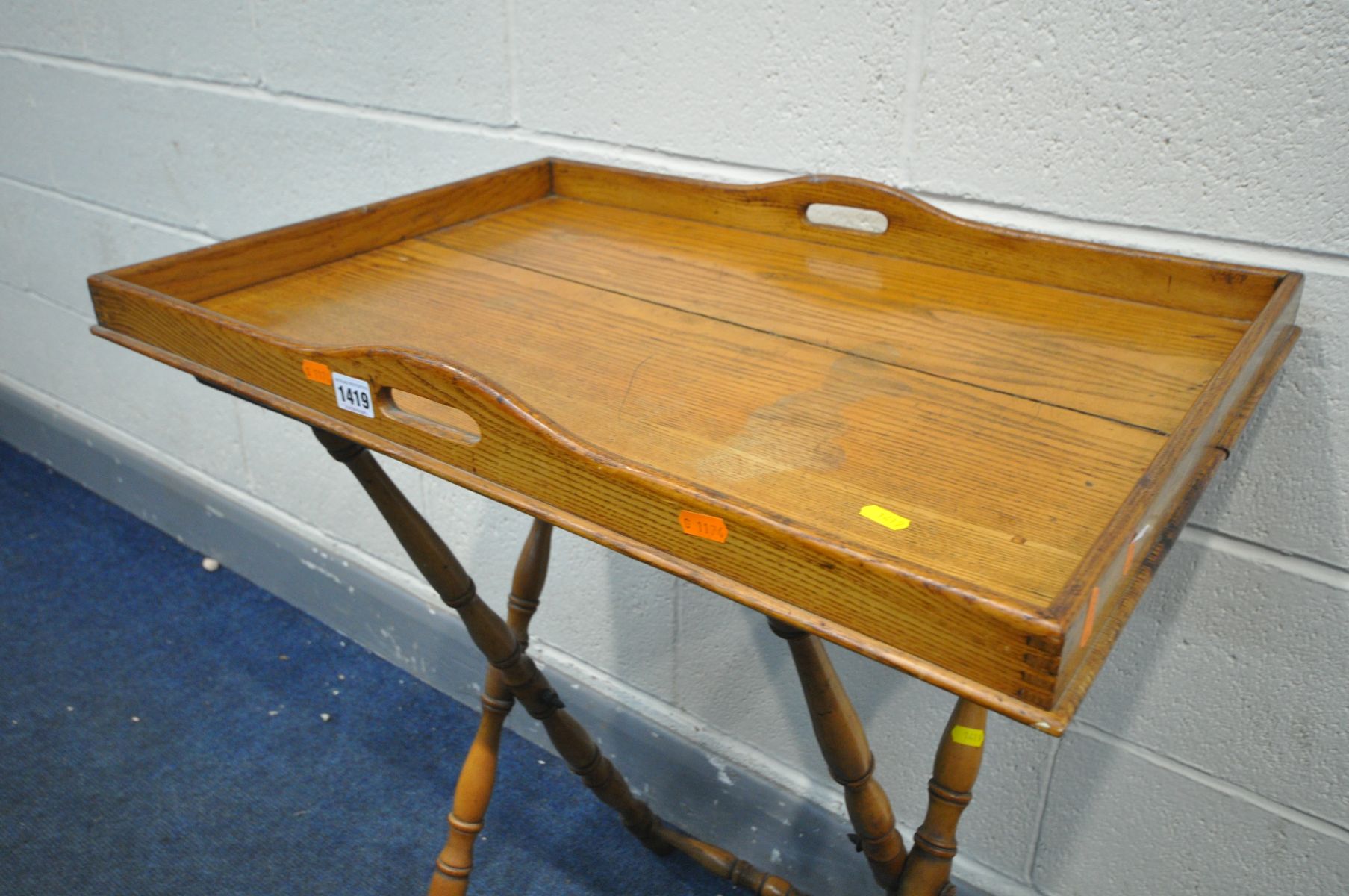 AN EARLY 20TH CENTURY OAK BUTLERS TRAY, on a folding stand, width 70cm x depth 49cm x height 86cm - Image 3 of 4