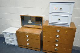 A TEAK EFFECT BEDROOM SUITE, comprising a dressing table with a single mirror and a chest of five