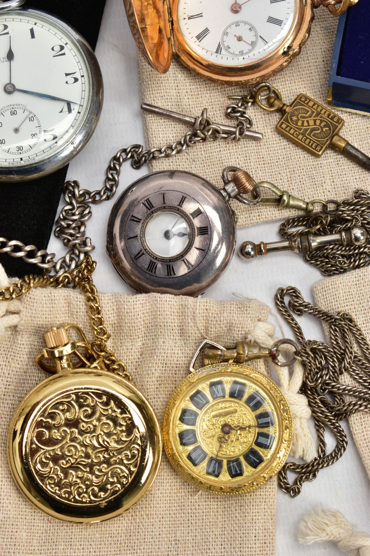 A BAG OF POCKET WATCHES, to include a small open face pocket watch with a round white dial, Roman - Image 4 of 8