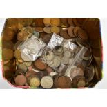 A SMALL BISCUIT TIN OF MAINLY UK COINAGE, to include a 1937 George VI crown coin a small amount of