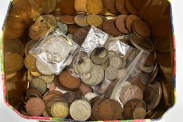 A SMALL BISCUIT TIN OF MAINLY UK COINAGE, to include a 1937 George VI crown coin a small amount of