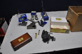 A SMALL TRAY CONTAINING ENGINEERING AND WATCHMAKERS TOOLS including two pin drivers, a Surface