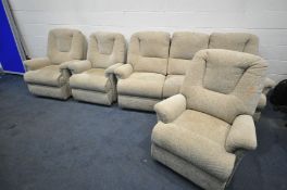 A BEIGE UPHOLSTERED FOUR PIECE LOUNGE SUITE, comprising a three seater settee, and three armchairs