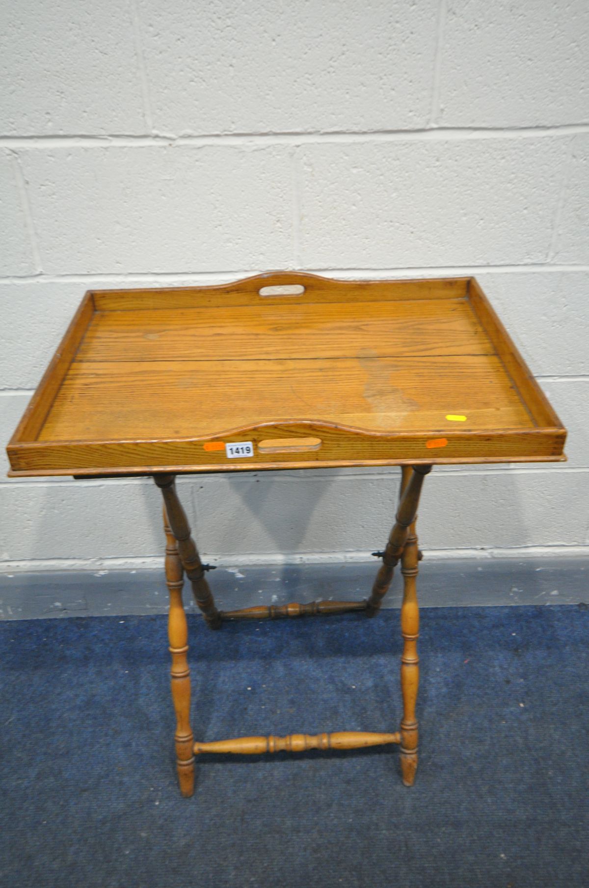 AN EARLY 20TH CENTURY OAK BUTLERS TRAY, on a folding stand, width 70cm x depth 49cm x height 86cm - Image 2 of 4