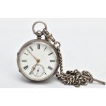 A SILVER OPEN FACE POCKET WATCH AND ALBERT CHAIN, (working) round white dial, Roman numerals,