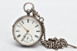 A SILVER OPEN FACE POCKET WATCH AND ALBERT CHAIN, (working) round white dial, Roman numerals,