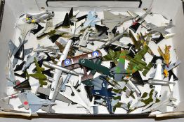 A BOX OF DIECAST MODEL AIRCRAFT, approximately thirty five to forty military aeroplanes, all