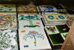 A QUANTITY OF VICTORIAN AND LATER TILES, over thirty tiles by makers including Minton, H & R