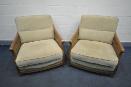 A PAIR OF ERCOL BERGERE ELM ARMCHAIRS, with beige upholstery, width 90cm x depth 100cm x height