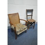 A 19TH CENTURY PINE METAMORPHIC LIBRARY CHAIR/STEPS, and a beech bergère back armchair (2)