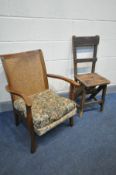 A 19TH CENTURY PINE METAMORPHIC LIBRARY CHAIR/STEPS, and a beech bergère back armchair (2)