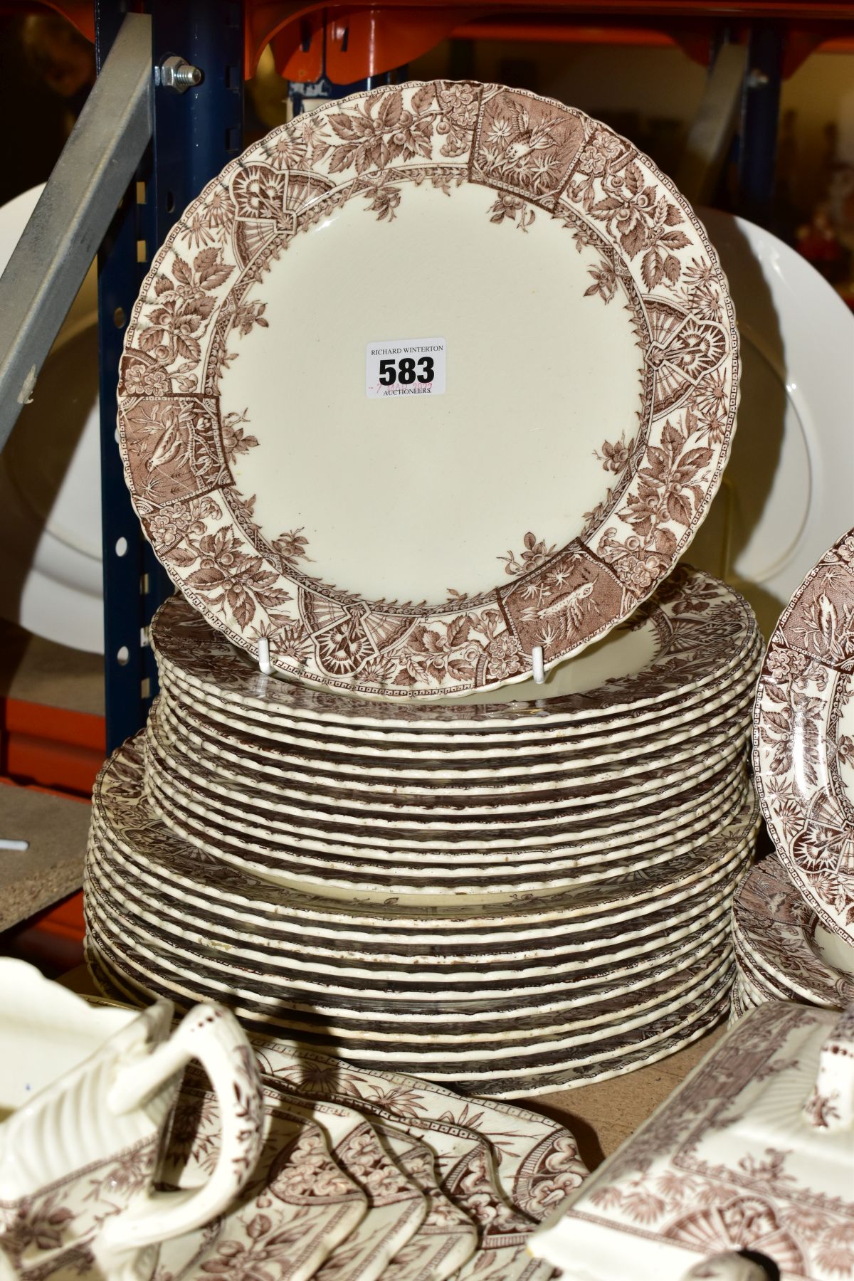 A LATE VICTORIAN EARTHENWARE DINNER SERVICE TRANSFER PRINTED IN BROWN WITH AN AESTHETIC STYLE DESIGN - Image 6 of 14