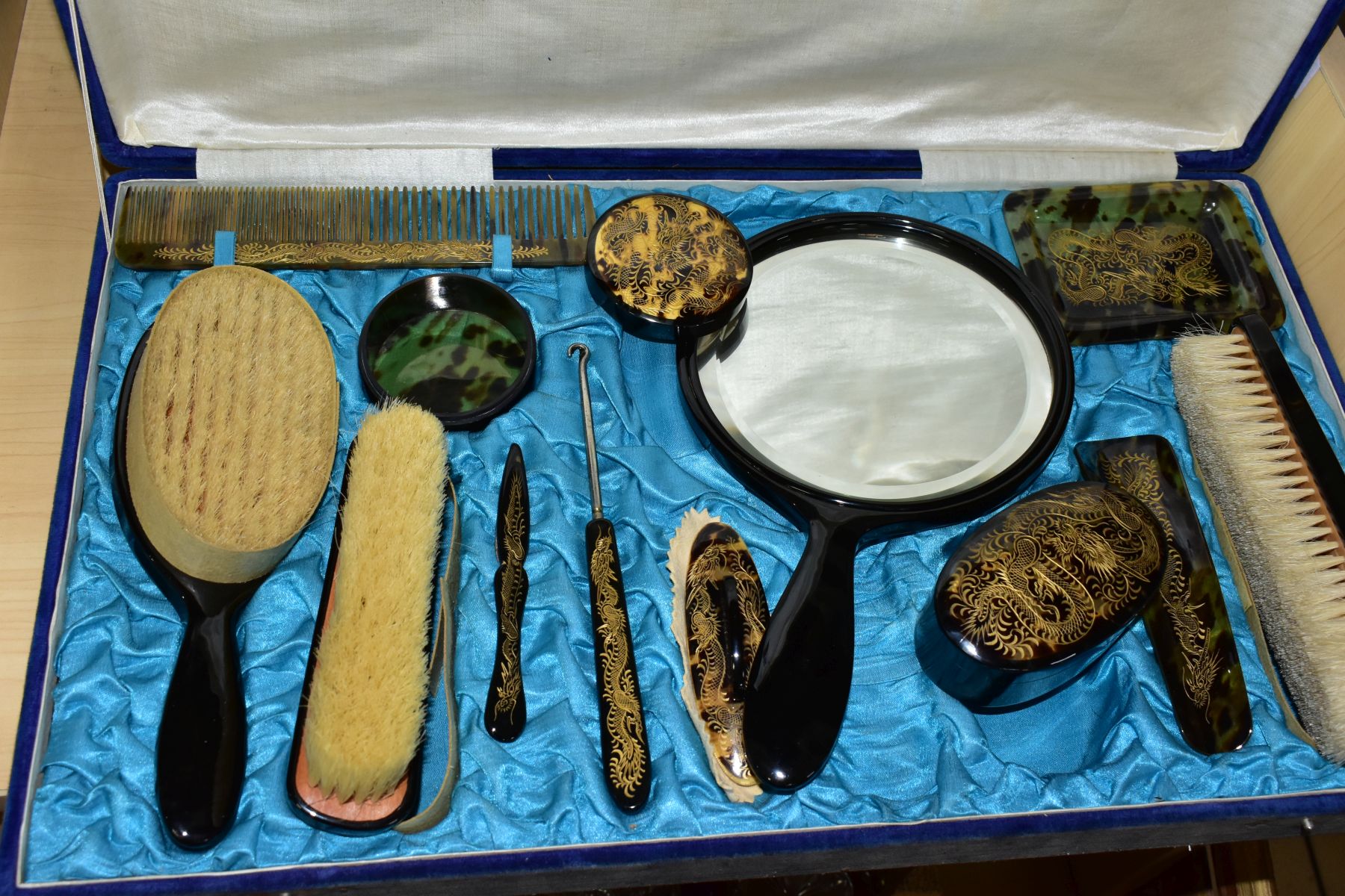 A CASED TWENTIETH CENTURY ORIENTAL VANITY DRESSING TABLE SET, twelve pieces including mirror, - Image 4 of 6