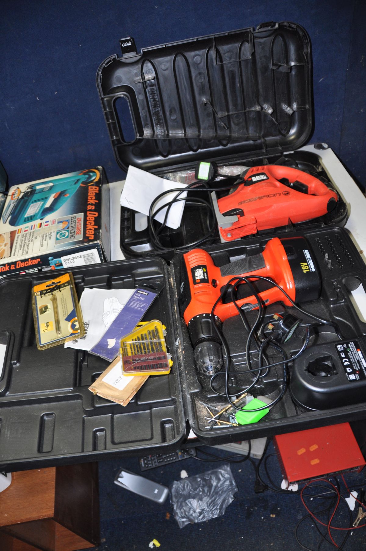 FIVE BLACK AND DECKER POWER TOOLS including a Scorpion reciprocating saw, a belt sander, a 18v - Image 3 of 4