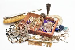 A BOX OF MISCELANEOUS ITEMS, to include a carved floral wooden box with contents of costume