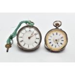 TWO SILVER POCKET WATCHES, the first an open face watch with a round white dial, Roman numerals,