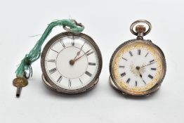 TWO SILVER POCKET WATCHES, the first an open face watch with a round white dial, Roman numerals,