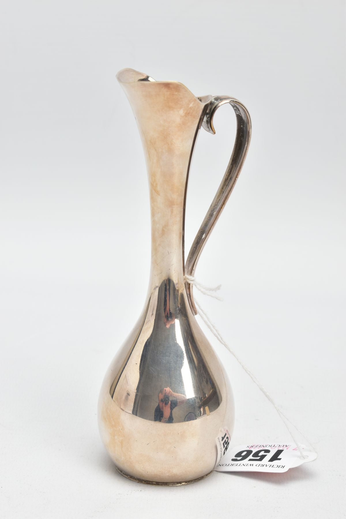 A DANISH SILVER POSY VASE, plain polished form fitted with a scroll handle, approximate height 14. - Image 3 of 5