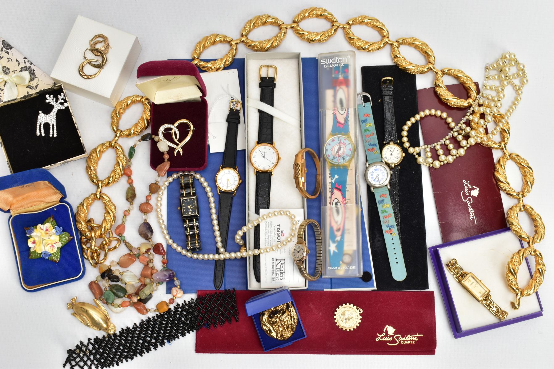 A BOX OF ASSORTED ITEMS, to include a boxed 'Tissot' quartz wristwatch, with papers and original