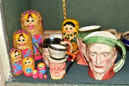 A BESWICK CHARACTER JUGS AND TEA POT, ANOTHER CHARACTER JUG, RUSSIAN DOLLS, ETC, comprising