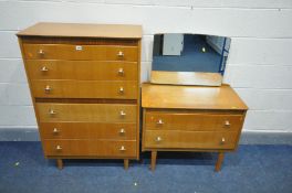 A MID-CENTURY TEAK BEDROOM SUITE, comprising a tall chest of six drawers, width 79cm x depth 42cm
