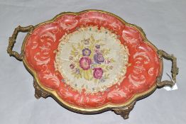 A REPRODUCTION CERAMIC AND BRASS MOUNTED TWIN HANDLED TRAY OF 18TH CENTURY FRENCH STYLE, printed