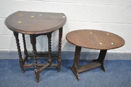 A SMALL OAK BARLEY TWIST GATE LEG TABLE, and a small swivel top occasional table (2)
