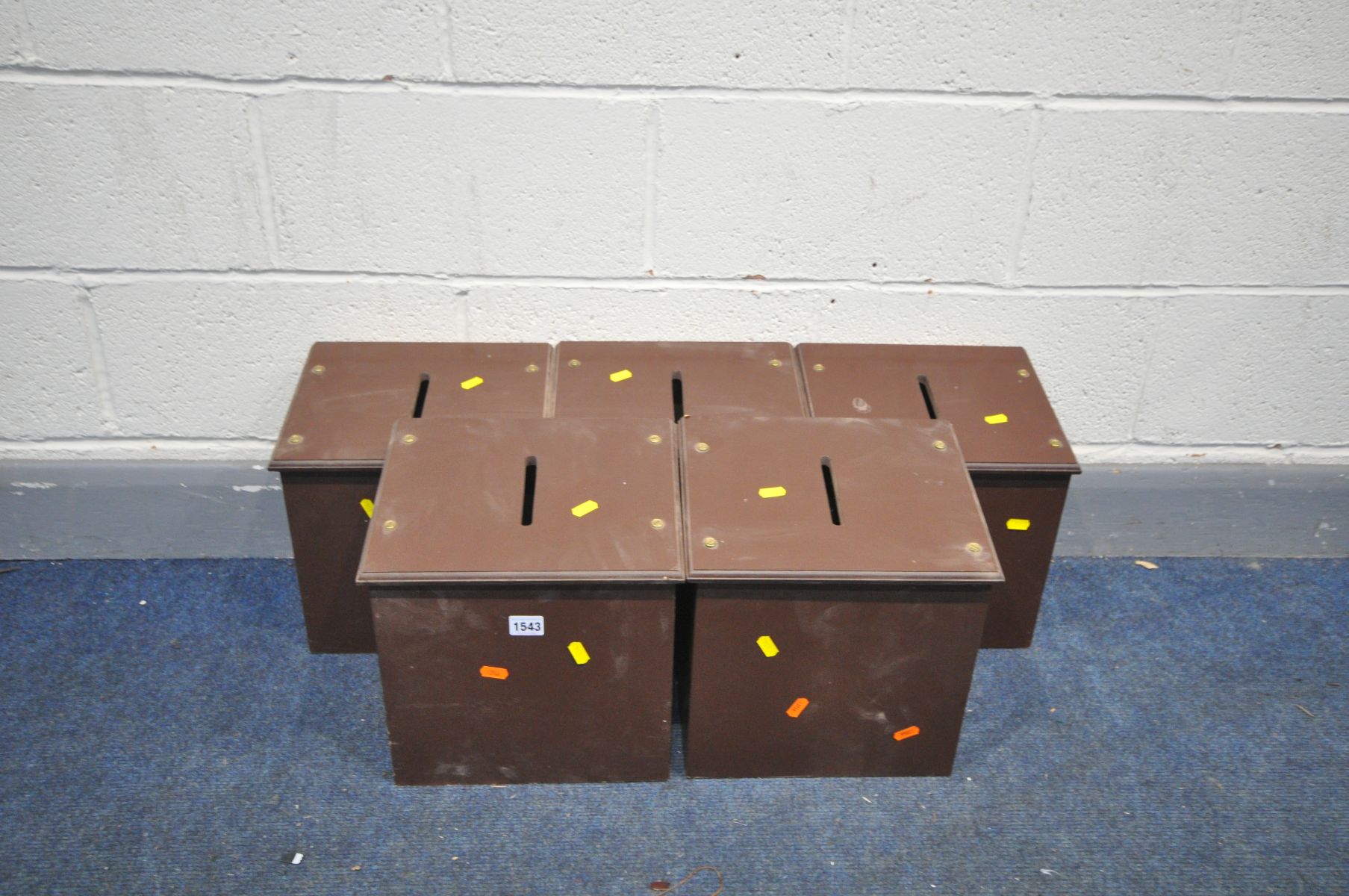 FIVE STAINED WOOD BALLOT BOXES