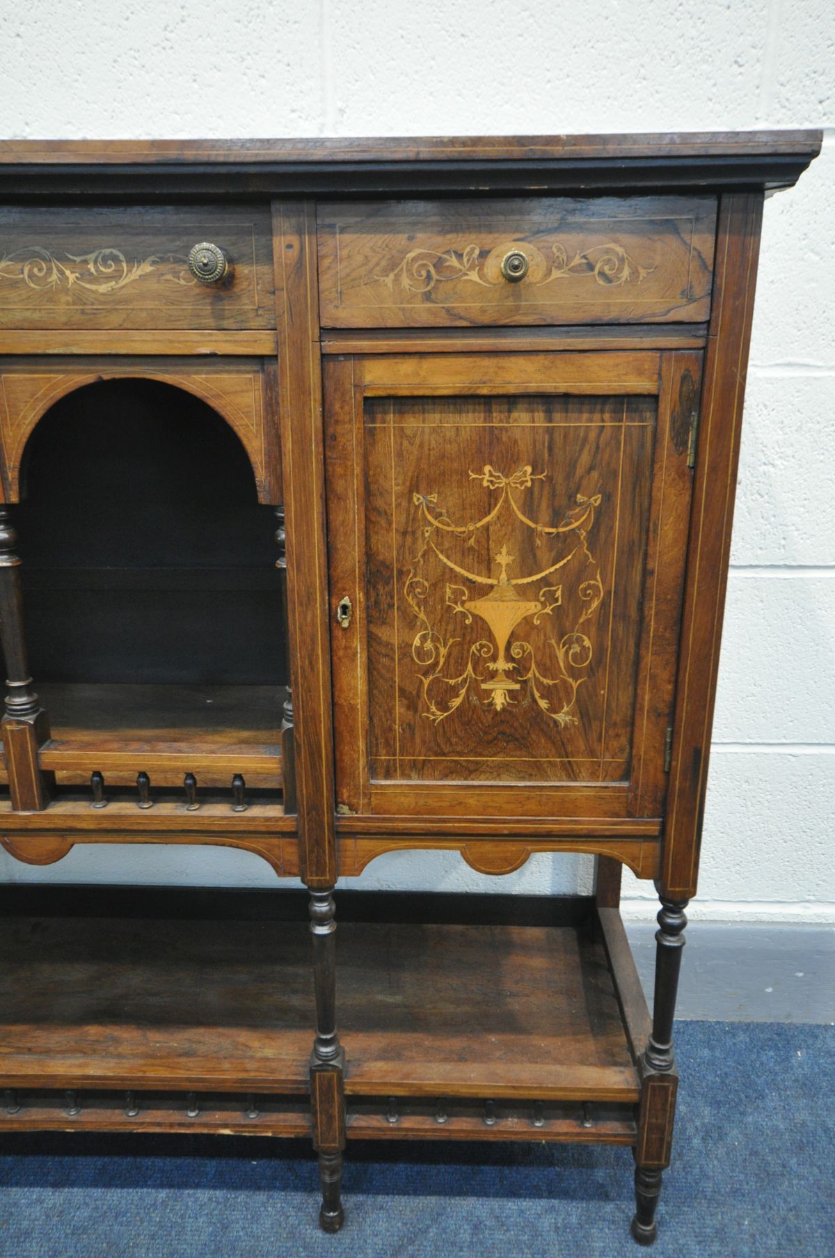 A 19TH CENTURY ROSEWOOD AND MARQUETRY INLAID SIDEBOARD, with an arrangement of drawers and - Image 3 of 3