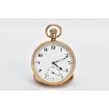 A 9CT GOLD OPEN FACE POCKET WATCH, (working) round white dial, Arabic numerals, seconds subsidiary