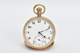A 9CT GOLD OPEN FACE POCKET WATCH, (working) round white dial, Arabic numerals, seconds subsidiary