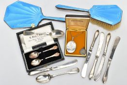 A BOX OF ASSORTED SILVER ITEMS, to include a pale blue guilloche enamel vanity hair brush and