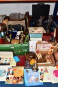 THREE BOXES AND LOOSE RECORDS, TYPEWRITER, VINTAGE SUITCASE, TREEN, METALWARES AND SUNDRY ITEMS,