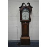 A GEORGE III OAK 30 HOUR LONGCASE CLOCK, the hood with a swan neck pediment, cylindrical pillars