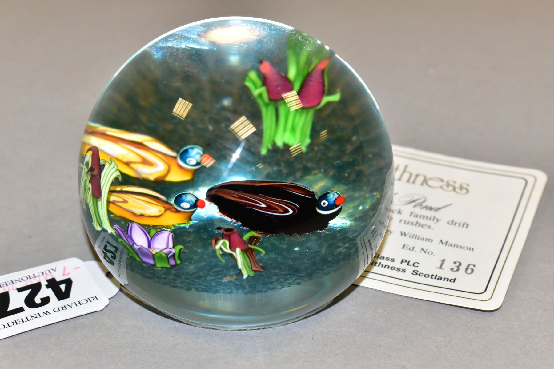 A LIMITED EDITION CAITHNESS GLASS DUCK POND PAPERWEIGHT, with certificate, featuring a colourful - Image 2 of 5