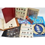 A LARGE BOX CONTAINING A MIXED SELECTION OF COINAGE. to include four-part coin albums of coins