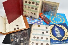 A LARGE BOX CONTAINING A MIXED SELECTION OF COINAGE. to include four-part coin albums of coins