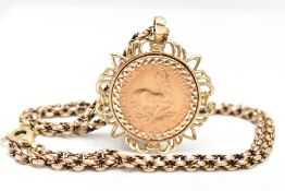 A MOUNTED 1/4 KRUGERRAND COIN AND CHAIN, a South African two rand 1976 krugerrand coin, detailing