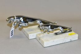 TWO CHROMED JAGUAR MASCOTS ON MARBLE PLINTHS, leaping jaguars in two different sizes, lengths 12.5cm