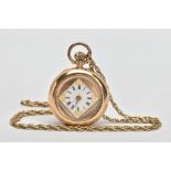 A YELLOW METAL OPEN FACE POCKET WATCH WITH CHAIN, round white and gold detailed dial, Roman