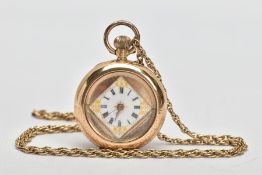 A YELLOW METAL OPEN FACE POCKET WATCH WITH CHAIN, round white and gold detailed dial, Roman