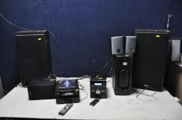 A SONY SRS D2 SUB AND SATELLITE SPEAKERS, a Logik hi fi, a Sandstrom Hi Fi with one speaker, a