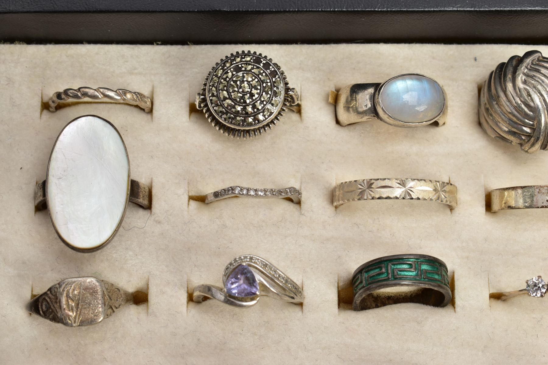 A RING BOX WITH ASSORTED SILVER AND WHITE METAL RINGS, black ring display case opens to reveal - Image 2 of 6