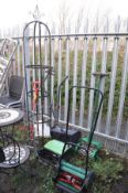 TWO MANUAL LAWN MOWERS by Qualcast and The |Handy, two metal plant stands and two lawn aerator (6)