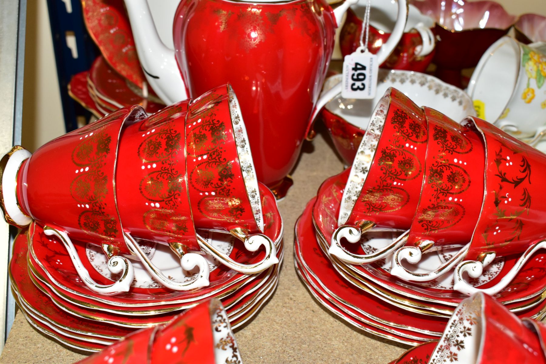 A SET OF SIX MALING RED LUSTRE SUNDAE DISHES AND THREE PART TEA SETS, comprising a fourteen piece - Image 3 of 14