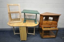 A MODERN BEECH GATE LEG KITCHEN TABLE and four fold away chairs, along with a glass top occasional