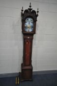 A STAINED WOOD GOTHIC STYLE LONGCASE CLOCK, carvings and finials to top, glazed door enclosing a 9