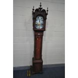 A STAINED WOOD GOTHIC STYLE LONGCASE CLOCK, carvings and finials to top, glazed door enclosing a 9