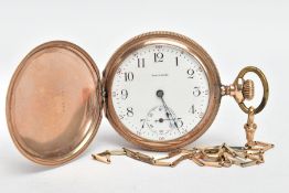 A GOLD-PLATED FULL HUNTER 'WALTHAM MASS ROYAL' POCKET WATCH AND A 9CT GOLD CHAIN, (working) round