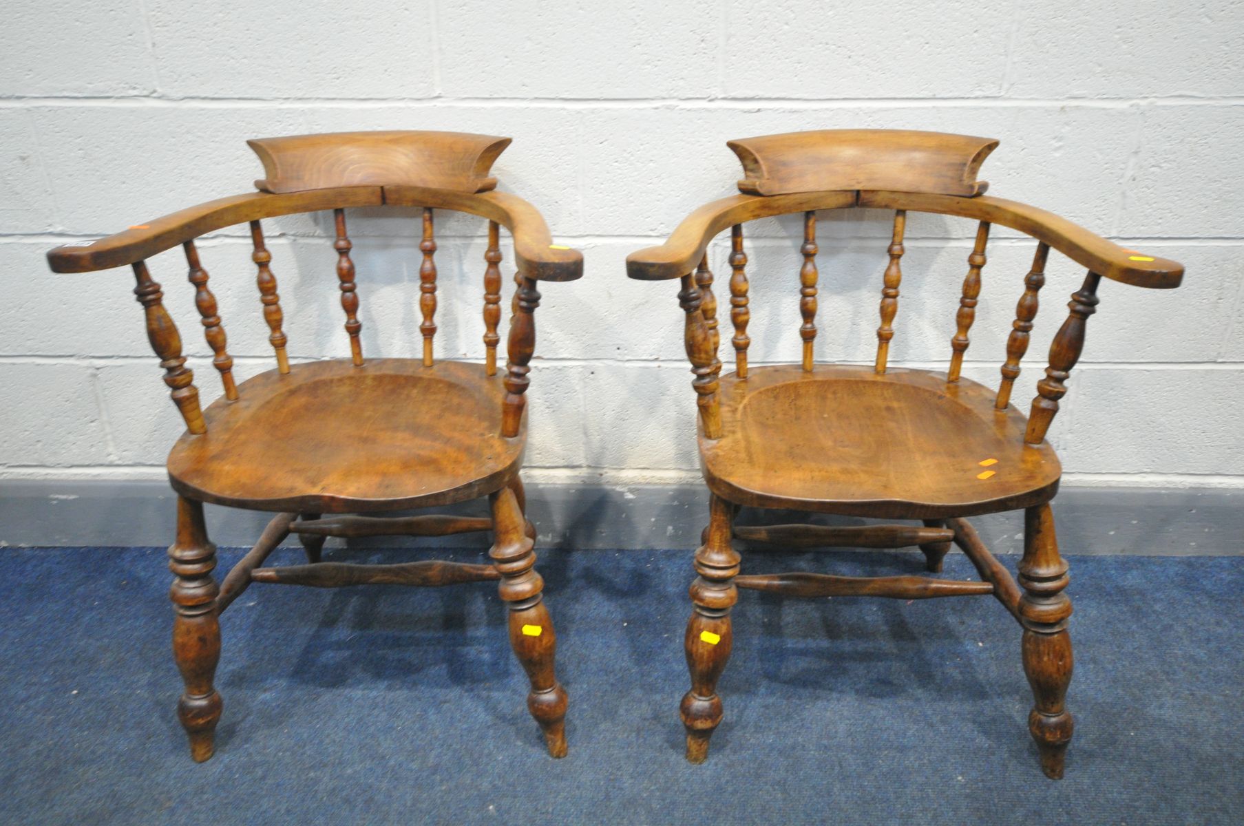 A PAIR OF EARLY 20TH CENTURY BEECH BOW BACK SMOKERS CHAIRS